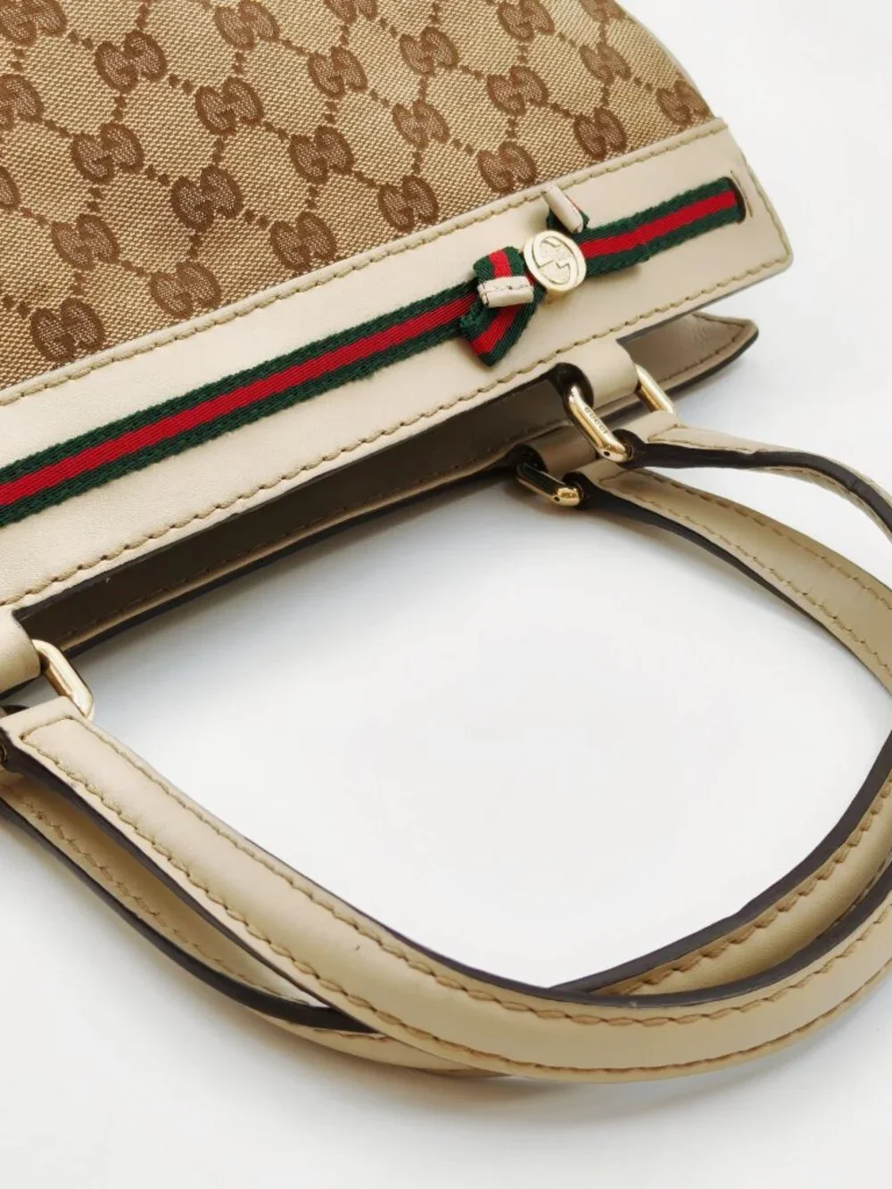 Gucci GG Canvas Web Bow Tote Bag Beige Ivory Leather Handbag Italy